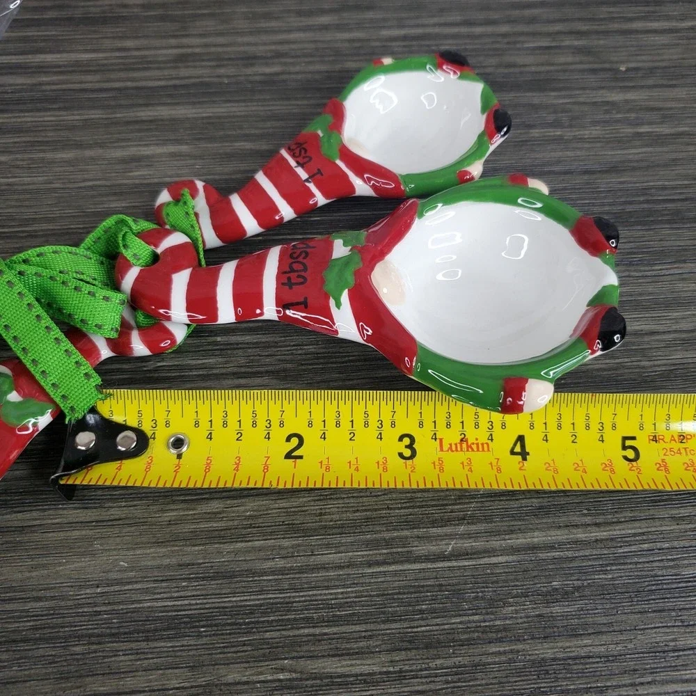 Ceramic Christmas Santa Gnome Measuring‎ Spoon Set Of 4 - Striped Caps, Ribbons